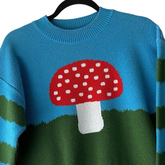 ZARA MUSHROOM SWEATER LIKE NEW BLUE & GREEN CHECKERBOARD COTTON BLEND | SMALL - Picture 2 of 10